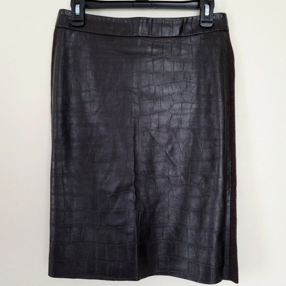 Max Mara Dark Brown Knee Length Wool Croc Embossed Leather Pencil Skirt 6 Small - Picture 1 of 8